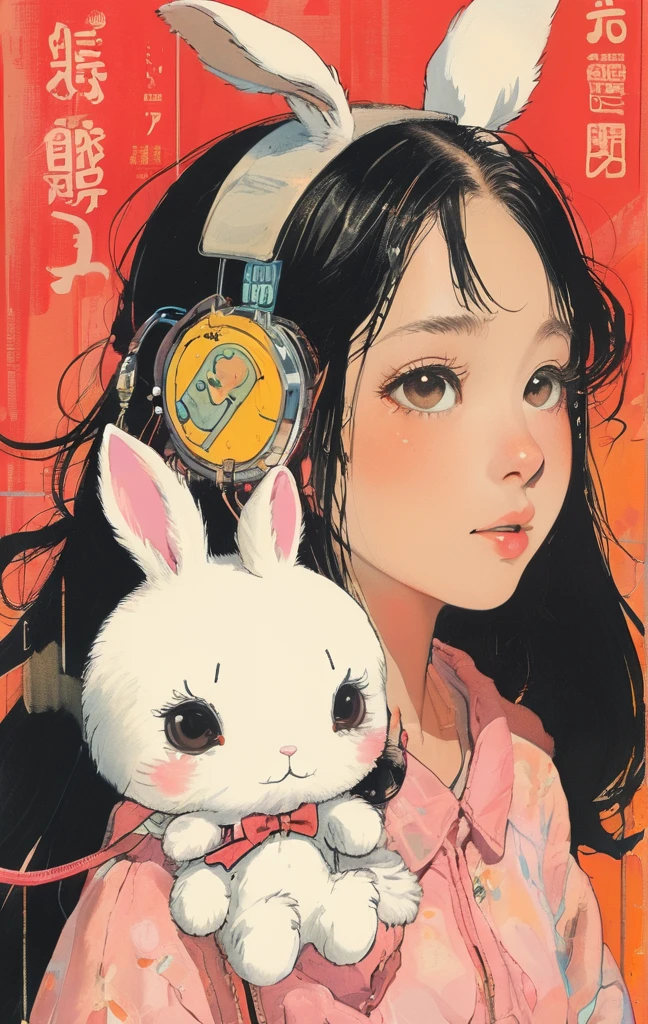 On a bright red campus"YES"Character、beautiful illustration, best quality, cute girl, bedroom, pastel color, fluffy bunny ears, , silver long hair, rabbit stuffed toy, bright lighting, light pink eyes、alone, One girl, profile,Black Bob, profile, The background color is solid yellow,An illustration