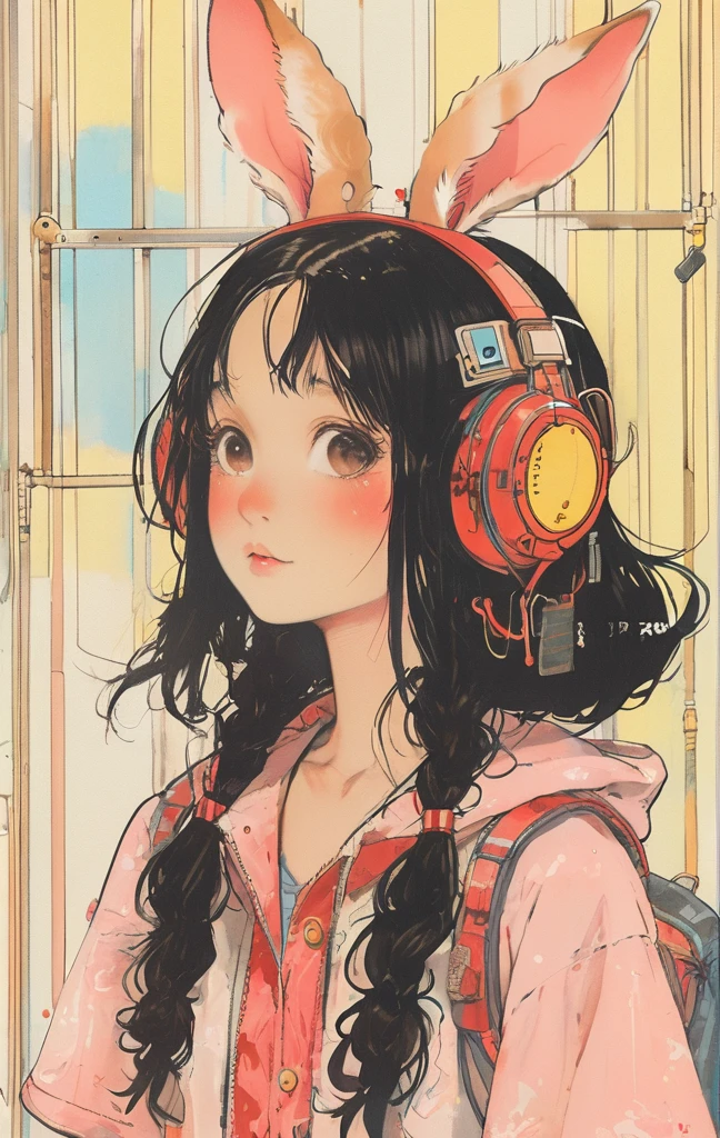 On a bright red campus"YES"Character、beautiful illustration, best quality, cute girl, bedroom, pastel color, fluffy bunny ears, , silver long hair, rabbit stuffed toy, bright lighting, light pink eyes、alone, One girl, profile,Black Bob,　profile,  The background color is solid yellow,An illustration