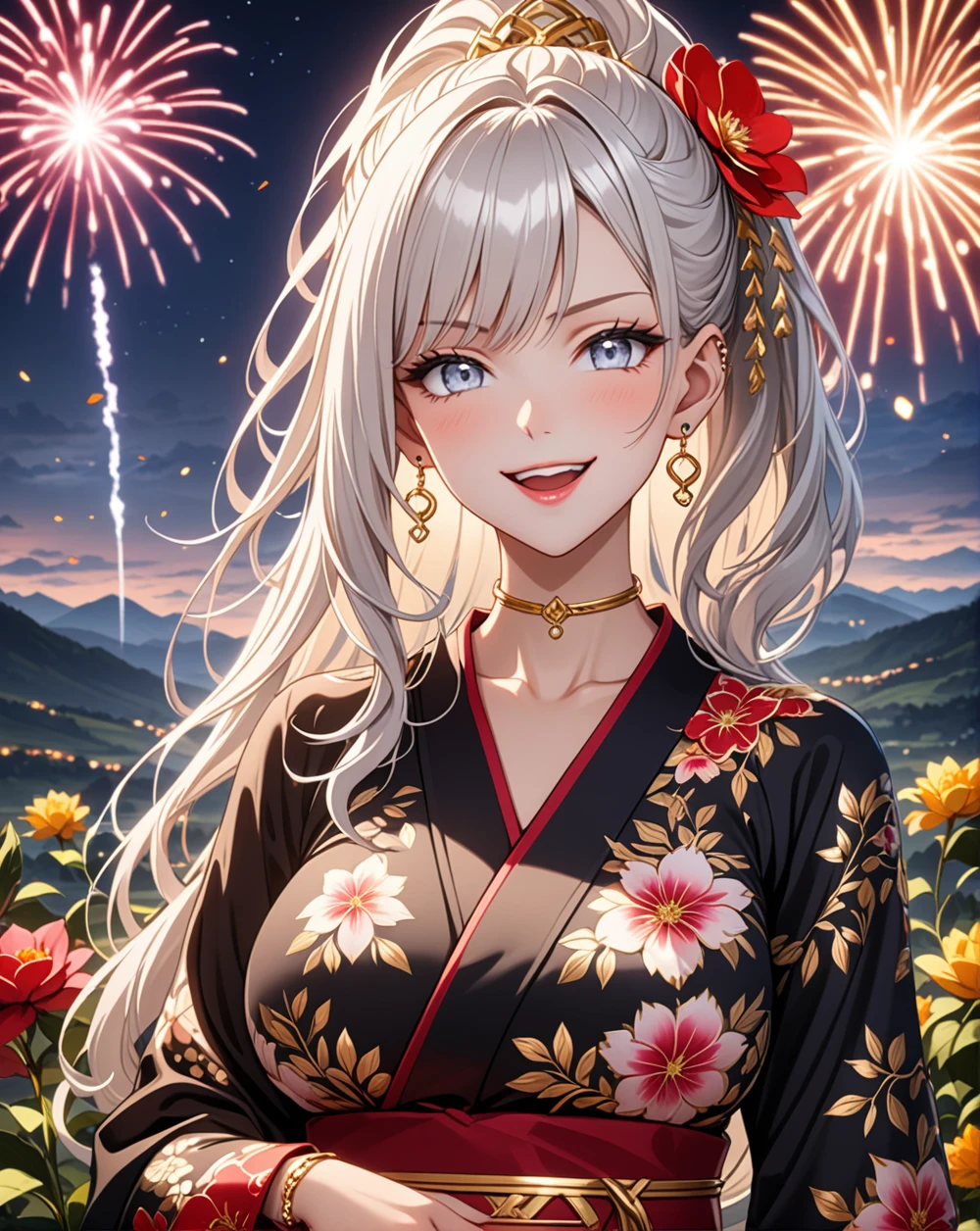 ((One personの女の子)), (game cg)., Pretty face, Beautiful Face, (Laughing embarrassedly), (smirk:1.4), ((Wink:1.5)), (head tilt:1.3), Laugh with your mouth wide open, upper teeth, looking at viewer, ((full-face brash:1.5)), Glossy Red Lips, ((Big Breasts:1.4)), night,Mountain countryside landscape, firework, Glossy Red Lips, (Shining Face), ((Anime style background)),masterpiece, Highest quality, so beautiful,up to date, Complex details, (Pink long nails), (nail art), (Gold Ring),(Gold bracelet),(Gold floral choker), (helix piercing:1.7), AI-generated, Complex,High resolution, Highest quality, super high quality,3D Images、3D Images,One person,Long white hair,High Ponytail, Anime woman posing for a photo, ((silver eyes:1.6)), ((Fine grain、blue eyes、Shining Eyes:1.3)), (Squint your eyes:1.1),a hyperRealistic , hyperRealistic , Realistic,Anime woman with long white hair, Smooth anime CG art, (A woman in a colorful kimono with gold embroidery), ((Black long sleeve kimono:1.3)), Red floral pattern,(Long flower hair ornament),Floral Earrings,Mature Body,Abdominal muscles,Tight waist, ((Zoom in on face:1.6)), 