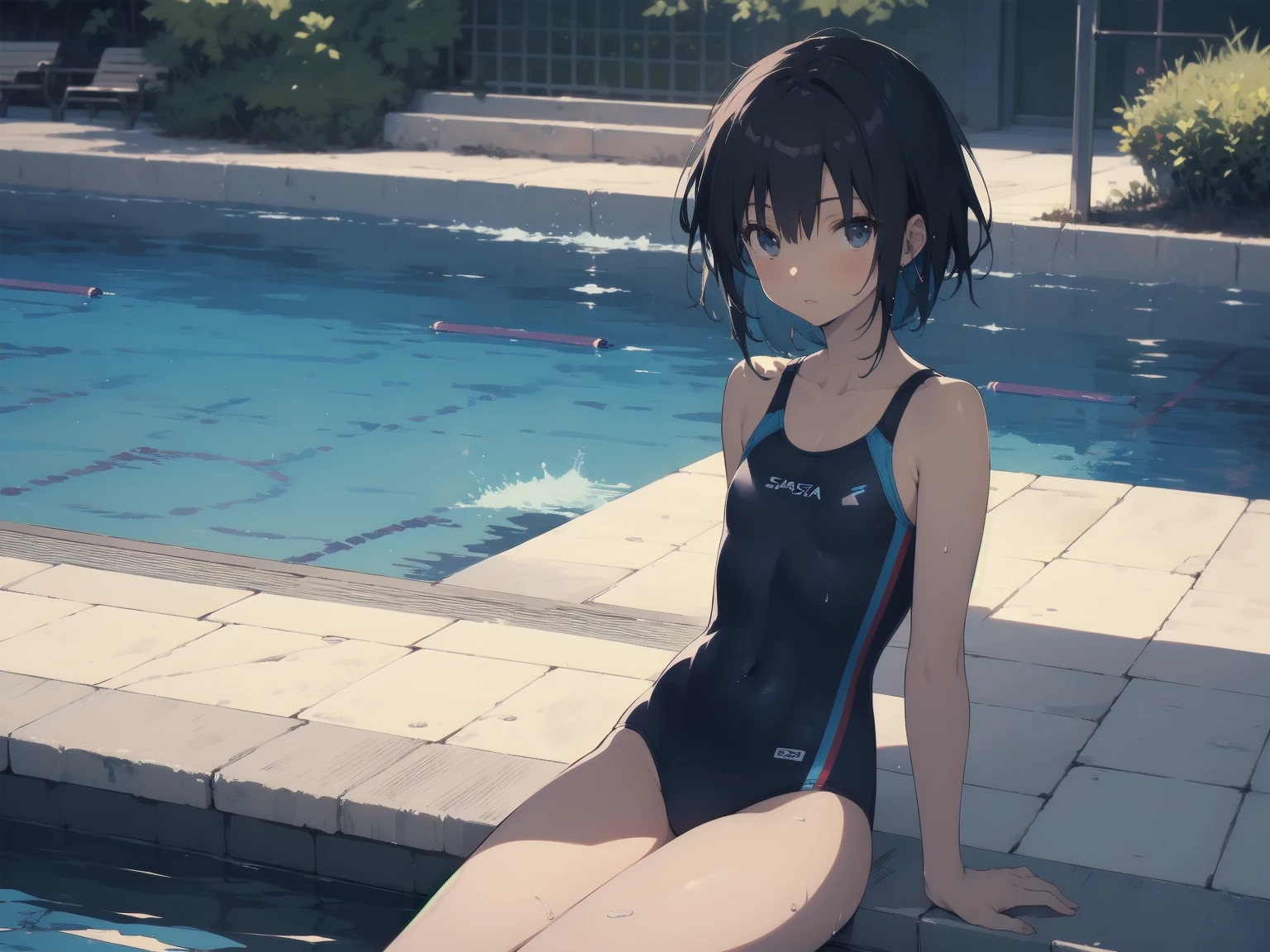ultra-Top-quality by art God, ultra-detailed, high resolution, shinkai makoto style, anime moe artstyle, best anime 8k konachan wallpaper, pixiv contest winner, perfect anatomy, break,(Please draw a picture of a girl in a swimsuit sitting on a bench by the poolside alone.),break, a hyperrealistic school girl, parted lips, (Solo,ta, kid, 13-year-old:1.3),Full limbs, complete fingers, androgynous charm, very short hair, wet hair, small breasts,slender body, Small butt, groin, Small black eyes,hanme,beautiful detailed eyes, well-proportioned iris and pupils, sleepily, highres detailed hair, swimsuit, wet swimsuit, bare shoulders, thighs, in the school pool. break,super detailed skin, shiny skin, Best lighting powered by famous artist, 8k, illustration,UHD, textured skin,break,((artist:toosaka_asagi )), artist:clamp ,artist:carnelian ,artist:kantoku ,