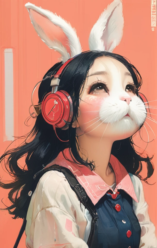 On a bright red campus"YES"Character、beautiful illustration, best quality, cute girl, bedroom, pastel color, fluffy bunny ears, , silver long hair, rabbit stuffed toy, bright lighting, light pink eyes、alone, One girl, profile,Black Bob,　profile,  The background color is solid yellow,An illustration