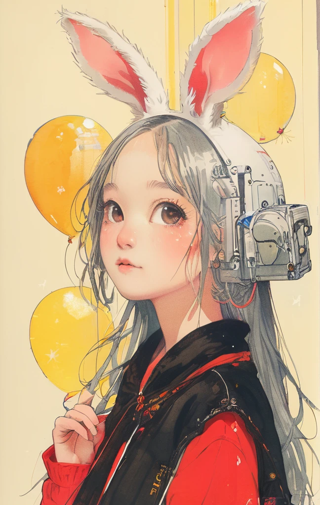 On a bright red campus"YES"Character、beautiful illustration, best quality, cute girl, bedroom, pastel color, fluffy bunny ears, , silver long hair, rabbit stuffed toy, bright lighting, light pink eyes、alone, One girl, profile,Black Bob, profile, The background color is solid yellow,An illustration