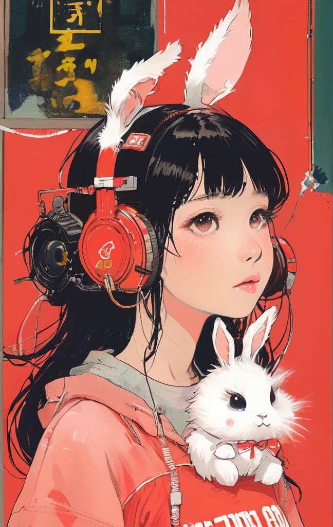 On a bright red campus"YES"Character、beautiful illustration, best quality, cute girl, bedroom, pastel color, fluffy bunny ears, , silver long hair, rabbit stuffed toy, bright lighting, light pink eyes、alone, One girl, profile,Black Bob, profile, The background color is solid yellow,An illustration