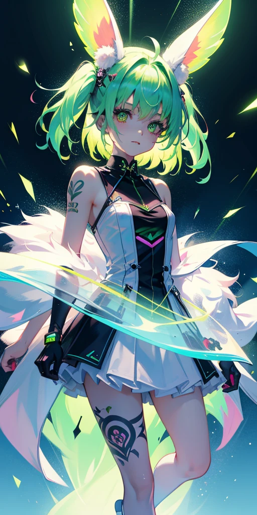 Rabbit technique , Science Fiction, Fluffy , 
1 girl, Tattoo, Glowing tattoo, Glowing eyes, Colorful glowing hair , Full body love, Green Hair,
  Kawaiitech, Soft colors, Kawaii, Lovely colors,