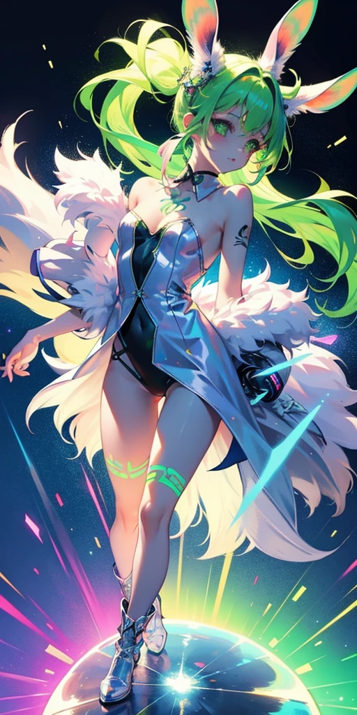 Rabbit technique , Science Fiction, Fluffy ,
1 girl, Tattoo, Glowing tattoo, Glowing eyes, Colorful glowing hair , Full body love, Green Hair,
Kawaiitech, Soft colors, Kawaii, Lovely colors,