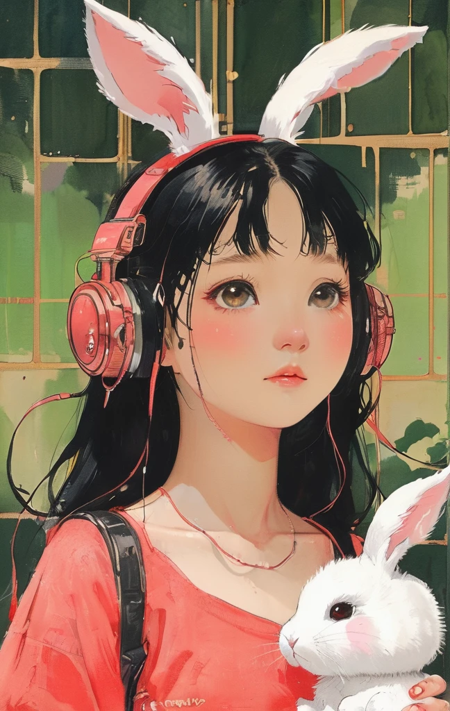 On a bright red campus"YES"Character、beautiful illustration, best quality, cute girl, bedroom, pastel color, fluffy bunny ears, , silver long hair, rabbit stuffed toy, bright lighting, light pink eyes、alone, One girl, profile,Black Bob,　profile,  The background color is solid yellow,An illustration