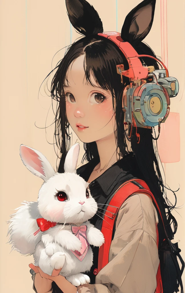 On a bright red campus"YES"Character、beautiful illustration, best quality, cute girl, bedroom, pastel color, fluffy bunny ears, , silver long hair, rabbit stuffed toy, bright lighting, light pink eyes、alone, One girl, profile,Black Bob, profile, The background color is solid yellow,An illustration