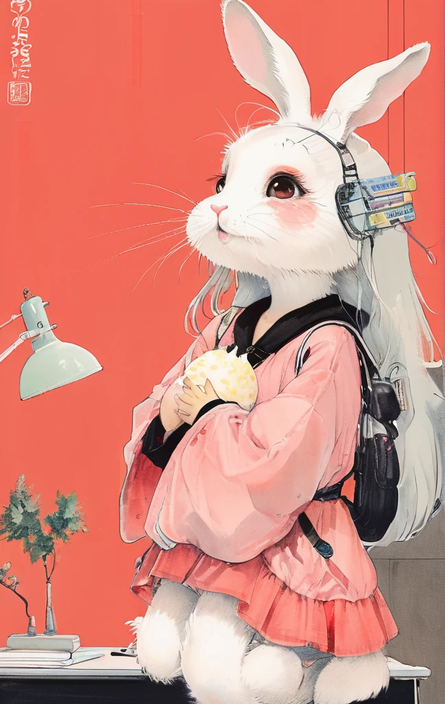 On a bright red campus"YES"Character、beautiful illustration, best quality, cute girl, bedroom, pastel color, fluffy bunny ears, , silver long hair, rabbit stuffed toy, bright lighting, light pink eyes、alone, One girl, profile,Black Bob, profile, The background color is solid yellow,An illustration
