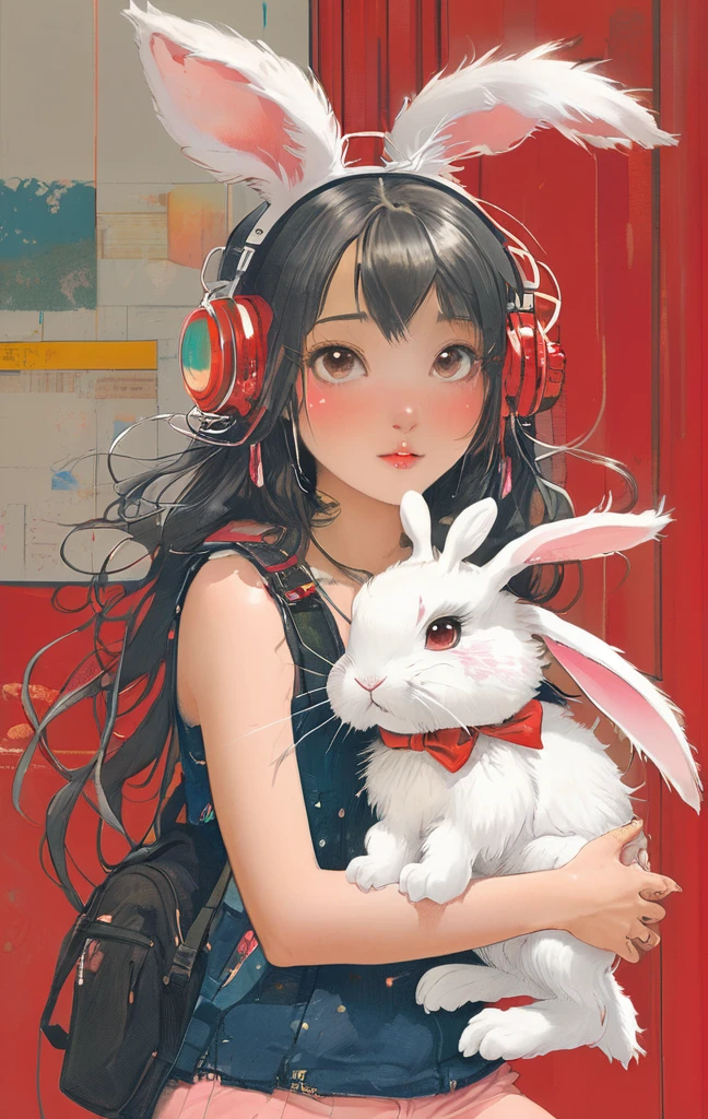 On a bright red campus"YES"Character、beautiful illustration, best quality, cute girl, bedroom, pastel color, fluffy bunny ears, , silver long hair, rabbit stuffed toy, bright lighting, light pink eyes、alone, One girl, profile,Black Bob, profile, The background color is solid yellow,An illustration