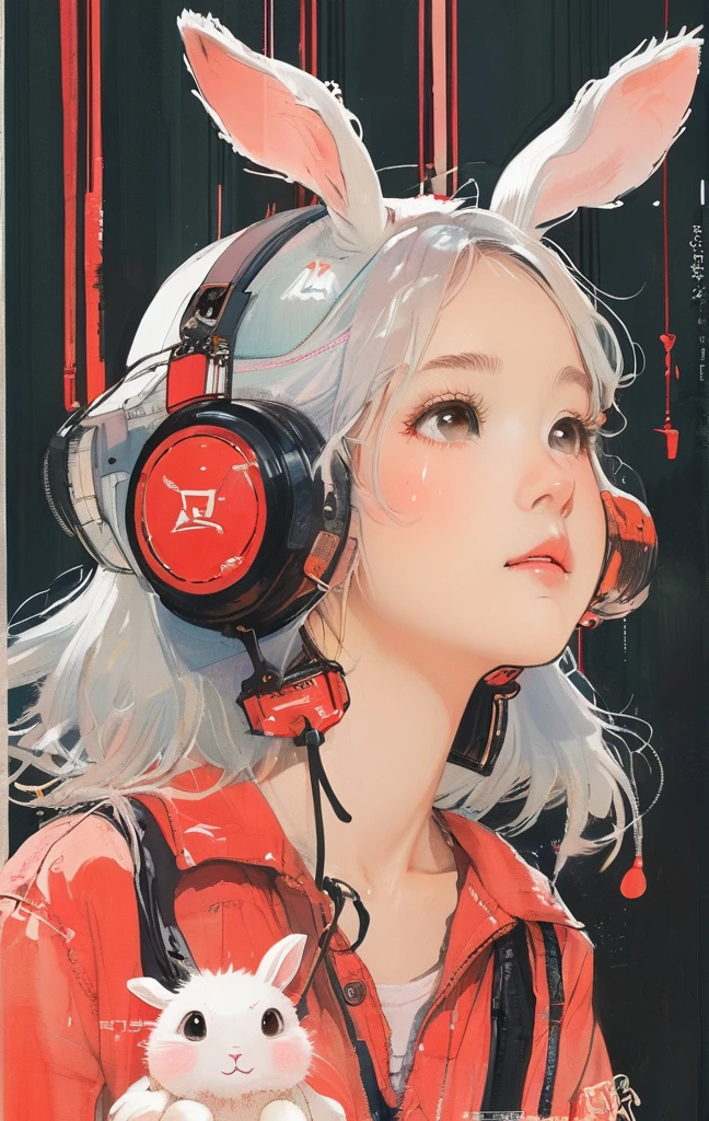 On a bright red campus"YES"Character、beautiful illustration, best quality, cute girl, bedroom, pastel color, fluffy bunny ears, , silver long hair, rabbit stuffed toy, bright lighting, light pink eyes、alone, One girl, profile,Black Bob,　profile,  The background color is solid yellow,An illustration