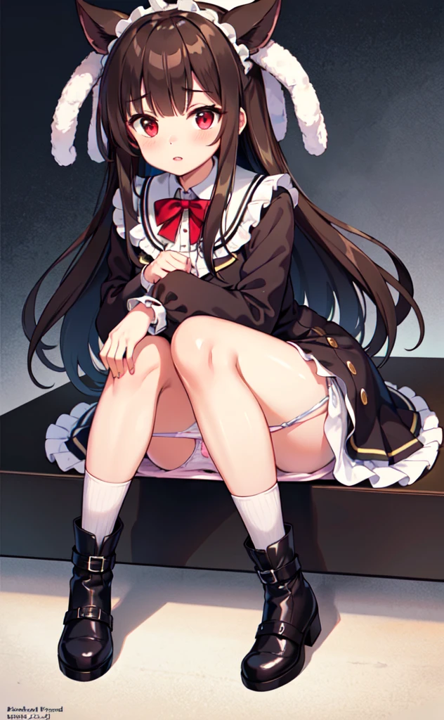 (Highest quality,High resolution,Beautiful attention to detail,White lighting:1.2),Red eyes, View your viewers, Long Hair, Black Hair, Knee-high boots, Black footwear, blush, Sitting, Long sleeve, bangs, Part your lips, Black Hair, dress, Raise your knees, Brown Hair, white skirt, Frills, skirt,Thighs, Side Lock,(Panty shot:1.5)