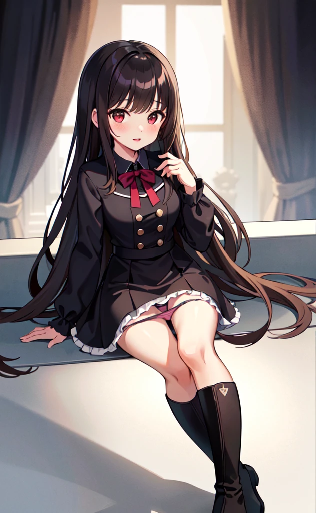 (Highest quality,High resolution,Beautiful attention to detail,White lighting:1.2),Red eyes, View your viewers, Long Hair, Black Hair, Knee-high boots, Black footwear, blush, Sitting, Long sleeve, bangs, Part your lips, Black Hair, dress, Raise your knees, Brown Hair, white skirt, Frills, skirt,Thighs, Side Lock,(Panty shot:1.5)