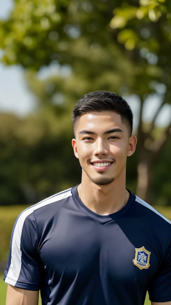 Tony Labrusca, (As a matter of fact, Masterpiece, 8k HD, good light quality, sportswear, fit the face, complicated details), A handsome, muscular young Korean man. , 20 years old, be happy, smile brightly, detailed face, delicate eyes, มองดูsky, Wear a navy tight T-shirt.:1.6, period, black eyes, Black hair color, ผมsmooth, smooth, outdoor sports, Along the garden, Sunny,sky，Surreal，Awesome details，Highest quality，real，Open your mouth to talk. , Close your eyes.