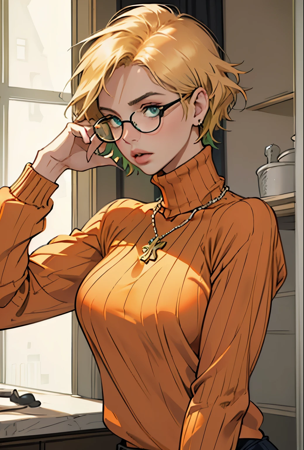 (masterpiece, Highest quality) One girl, Ashley Graham RE, alone, chest, View your viewers, short hair, blue eyes, shirt, Bare shoulders, jewelry, medium chest, Green Eyes, Upper Body, Blonde, parted lips, No sleeve, necklace, sweater, lips, turtleneck, Bobcut, ribbed sweater, Realistic, nose, No sleeve turtleneck, orange shirt, orange sweater,Glasses,