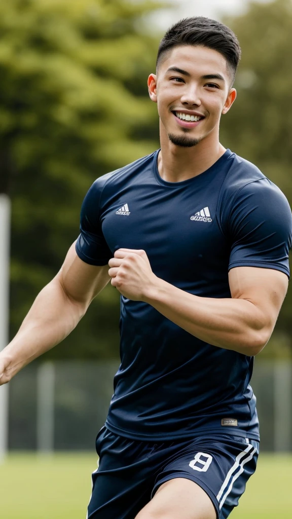 Tony Labrusca, (As a matter of fact, Masterpiece, 8k HD, good light quality, sportswear, fit the face, complicated details), A handsome, muscular young Korean man. , 20 years old, be happy, smile brightly, detailed face, delicate eyes, มองดูsky, Wear a navy tight T-shirt.:1.6, period, black eyes, Black hair color, ผมsmooth, smooth, outdoor sports, Along the garden, Sunny,sky,Surreal,Awesome details,Highest quality,real,Open your mouth to talk. , Close your eyes.