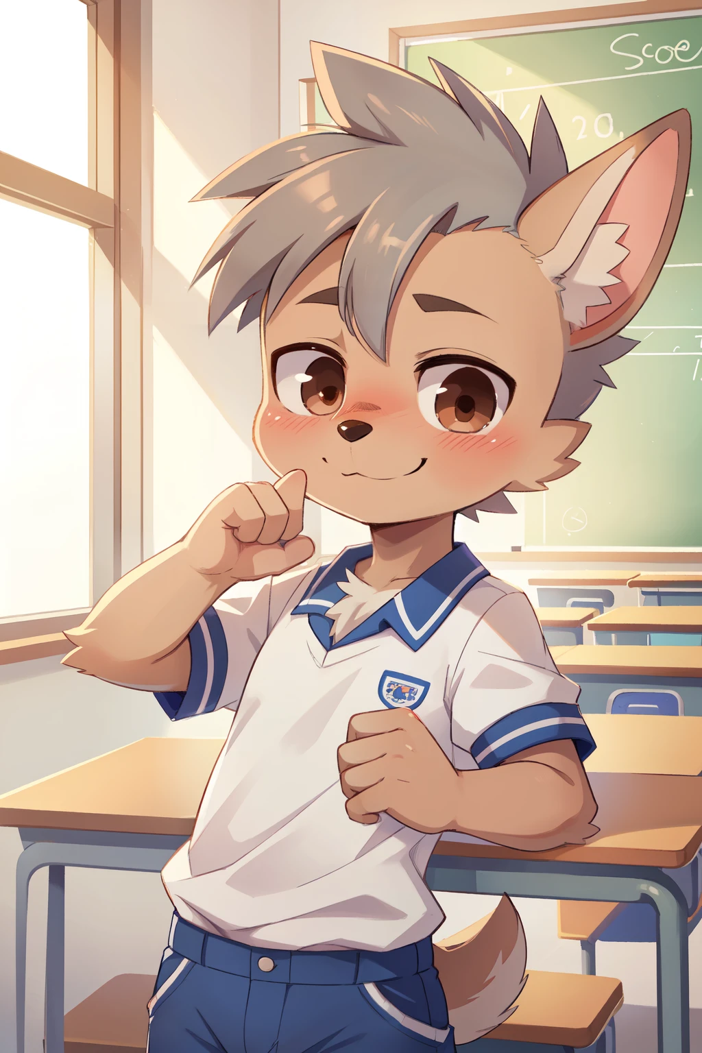 score_9,score_8_up,score_7_up, source_cartoon, source_furry, chihuahua boy, grey hair, heavy spiky bangs, mohawk hairstyle, spike side hair, furry, blush, looking at viewer, smile, 1boy, furry male, chihuahua tail, chihuahua ears, two tone body fur, clear brown body fur, white body fur, ((school uniform, school shirt, blue pants)), class, brown eyes, blush, looking at viewer, uperbody,