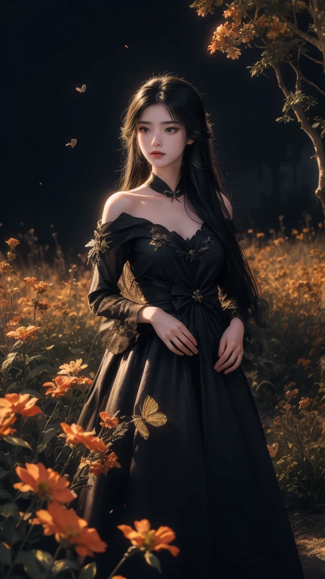 1girl, girl with long black hair, smiling, cheerful, girl is standing among a wide expanse of flowers,girl posing gracefully , surrounded by beautiful flowers, Calm and peaceful atmosphere, night, moonlight , Beautiful glowing butterflies surround the girl lighting up the darkness of the night, magic,Romantic, the night breeze blows the Sepoi Sepoi girl's hair, 