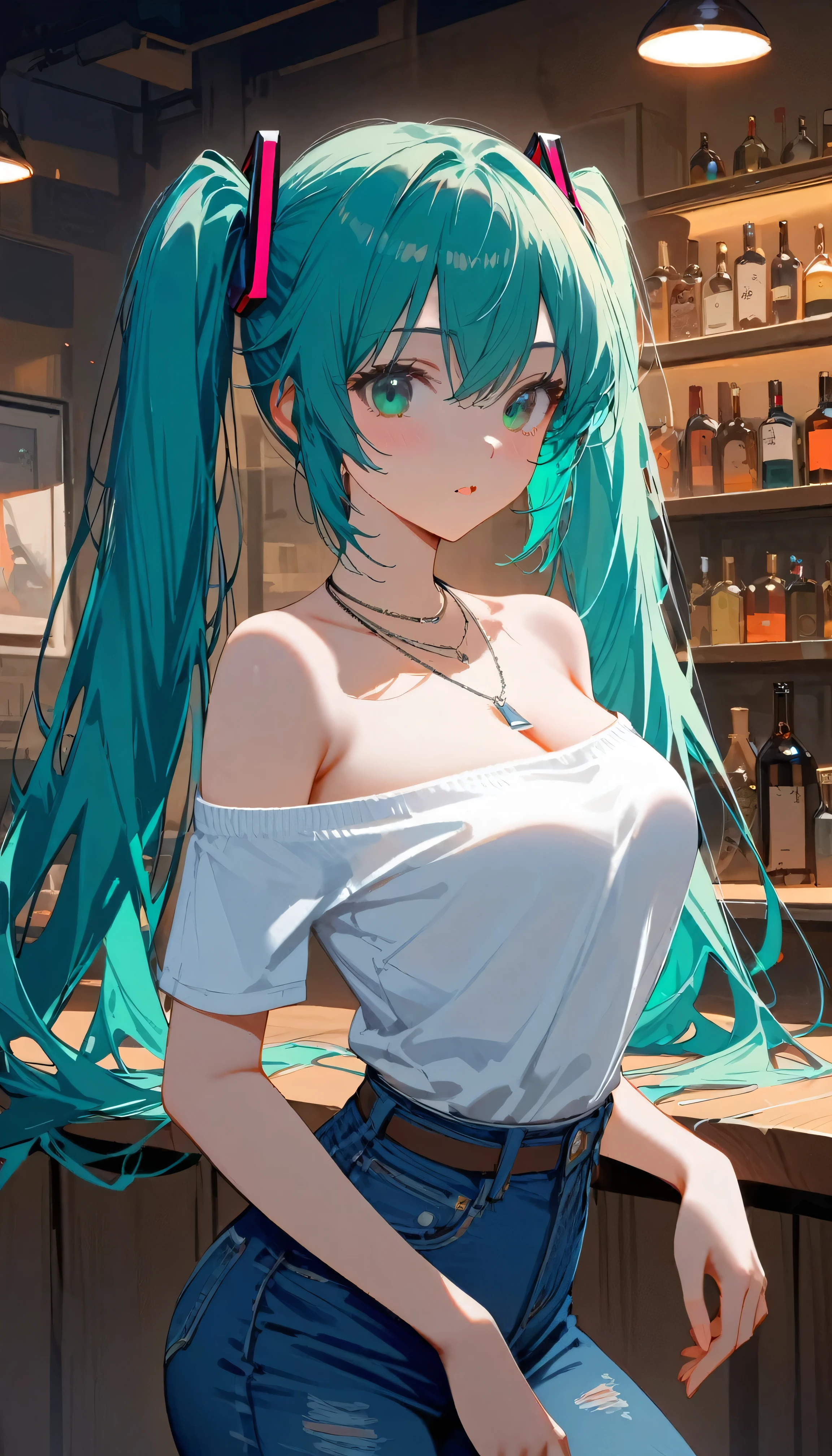 (masterpiece, best quality:1.2),(1girl,solo,hatsune miku,vocaloid ,high-waist pants, off-shoulder shirt, off shoulder, necklace ,denim, jeans, head, high heels, twintails),looking at viewer, standing, bar (place)