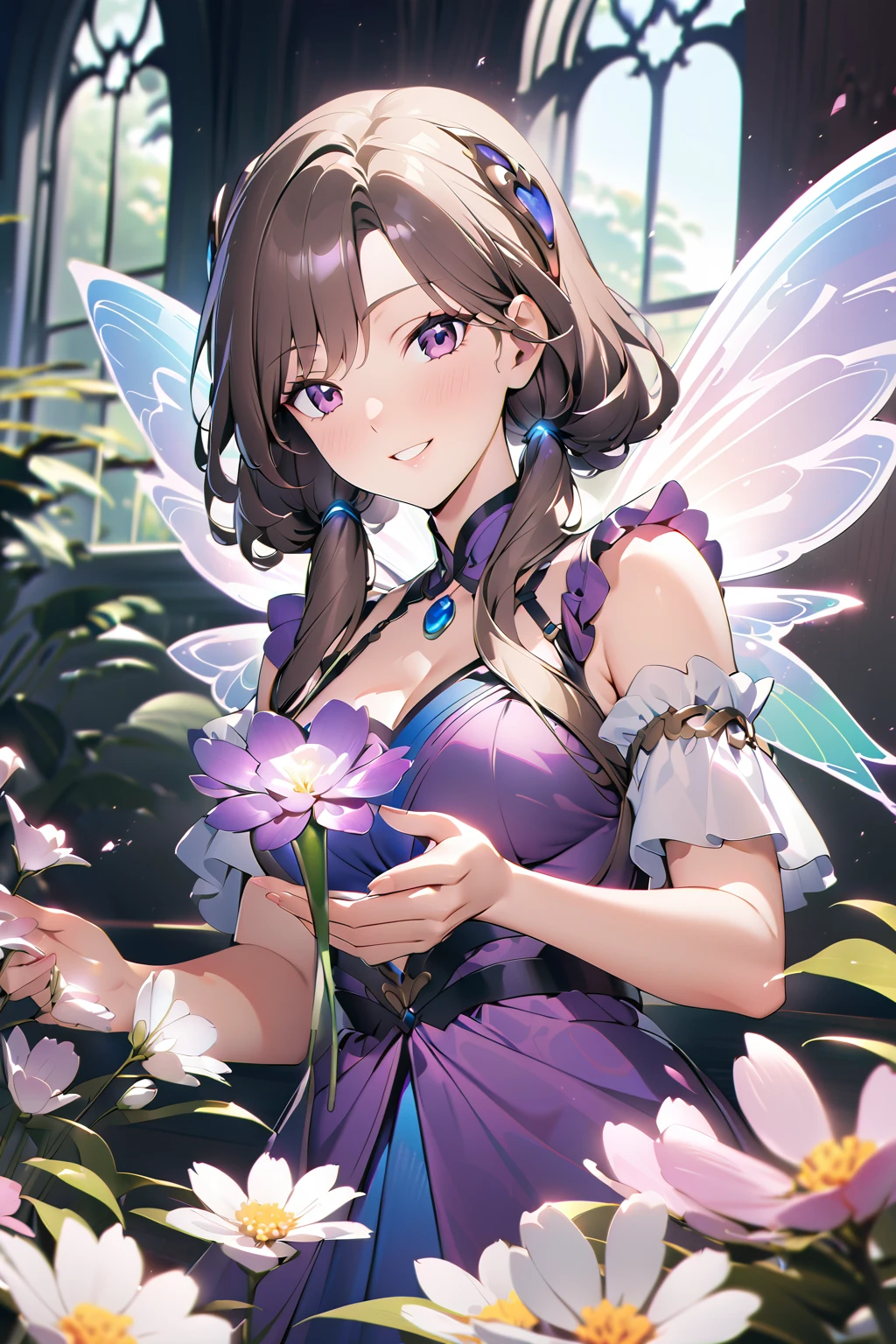 (超detailedなイラスト:1.2),Very delicate and beautiful,非常にdetailed,CG,Unity,8k wallpaper,wonderful,detailed,masterpiece,The best quality in the best condition,Official Art,非常にdetailed CG 8k Unbelievably ridiculous resolution,Beautiful and exquisite,High resolution,非常にdetailedな目と顔,Anime girl in a purple dress holding a vase in front of a window, Fairy portrait, Smiling like a fairy queen, Kschaert Krentz Key Art Feminine, Holding a magic flower, Fairy portrait, artwork in the style of Gwaiz, Gwaiz on pixiv artstation, Gwaiz, detailedなデジタルアニメアート