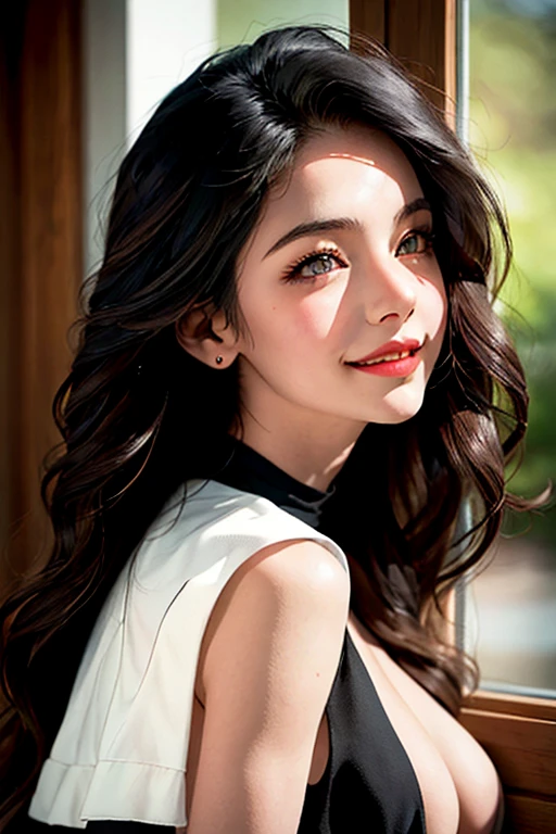 Realistic, ultra-detailed, surreal, 1girl, smile, soft expression, clear skin, long eyelashes, flowing hair, windblown hair, soft ambient lighting, warm lighting, glowing skin, natural light, calm, detailed details,