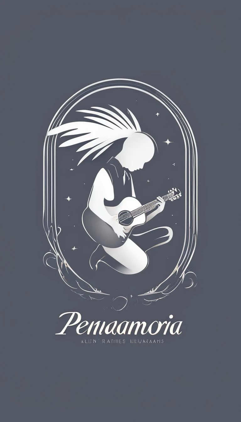 A minimal, modern, simple, cinematic logo design for the brand “Penamemoria". The logotype of a boy with a head of a feather playing acoustic guitar. The logo must convey a sense of music, stories and dreams. Minimalistic logo design of a boy dissolving into a feather of dreams and memories
