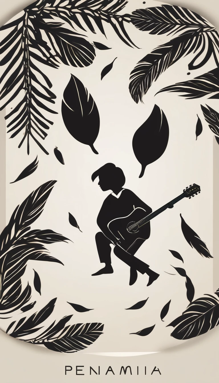 A minimal, modern, simple, cinematic logo design for the brand “Penamemoria". The logotype of a boy with a head of a feather playing acoustic guitar. The logo must convey a sense of music, stories and dreams. Minimalistic logo design of a boy dissolving into a feather of dreams and memories