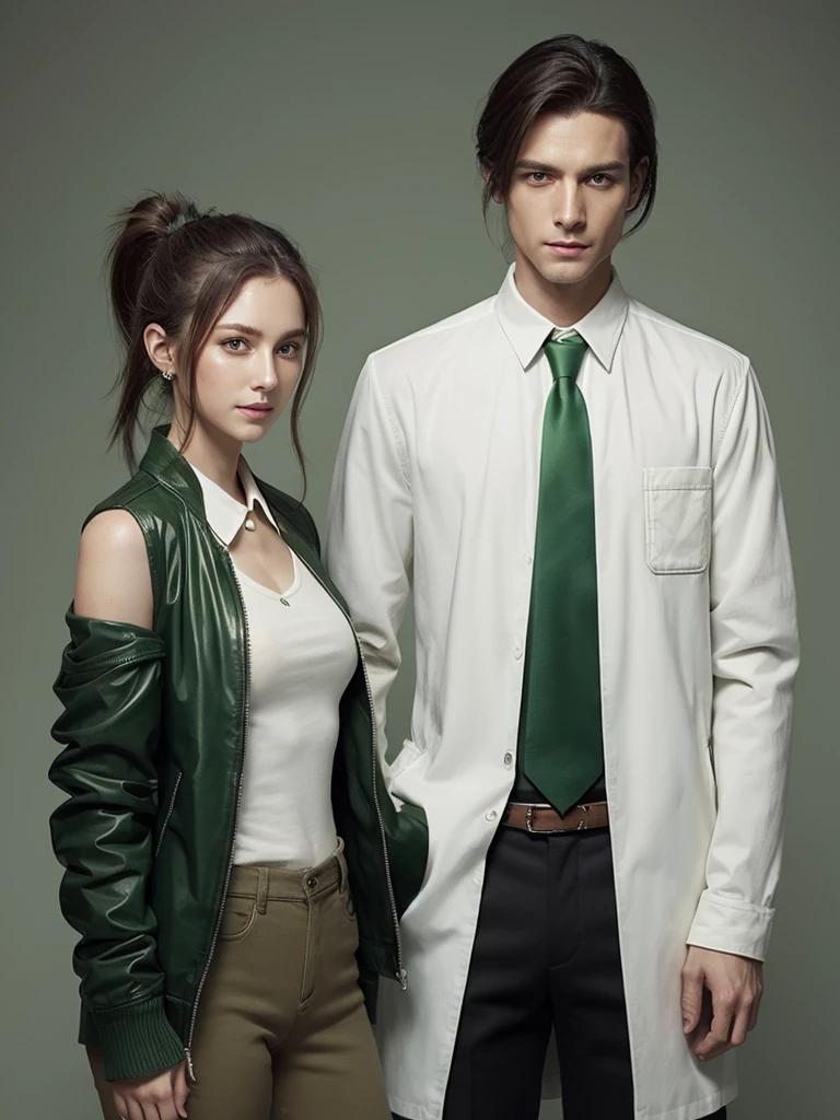 and change, Brown ponytail, White skin, Short man, green eyes, Tafah, punk jacket, White shirt, Green tie, open shoulders, Open sleeves, Slight smile, rose, calm, Restricted, (Concept art)