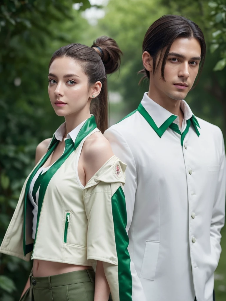 and change, Brown ponytail, White skin, Short man, green eyes, Tafah, punk jacket, White shirt, Green tie, open shoulders, Open sleeves, Slight smile, rose, calm, Restricted, (Concept art)