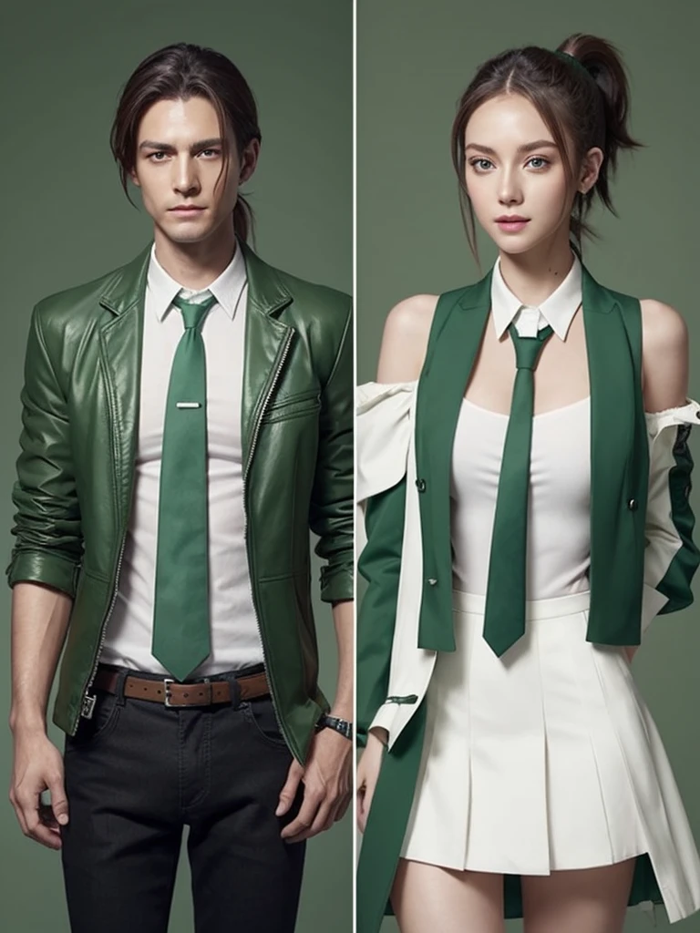 and change, Brown ponytail, White skin, Short man, green eyes, Tafah, punk jacket, White shirt, Green tie, open shoulders, Open sleeves, Slight smile, rose, calm, Restricted, (Concept art)