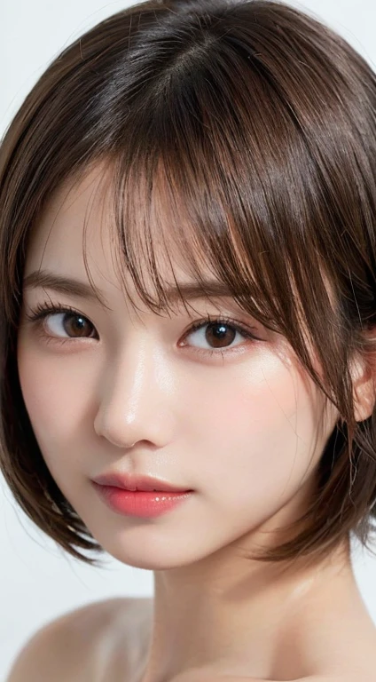 ((Close-up photo of the face:1.4)), Mix 4, (8K, RAW Photos, Highest quality, masterpiece: 1.45), (Realistic, Photorealistic: 1.37), ((Completely naked)),One Girl, cute, Laughter, Professional Lighting, Plain,Photon Mapping, Radio City, Physically Based Rendering, Gradient Blonde Hair, Brown Hair, Very short hair,Gal,Highest qualityの写真, High resolution, 1080P, (Beautiful face), (Detailed facial depiction), Vibrant, Extreme light and shadow, Bob Cut Hair, masterpiece, Rich details, (Detailed facial features), (Highest qualityの写真), (masterpiece), (Finely tuned), dual、Look in front of you, Thin clavicle,Simple white background