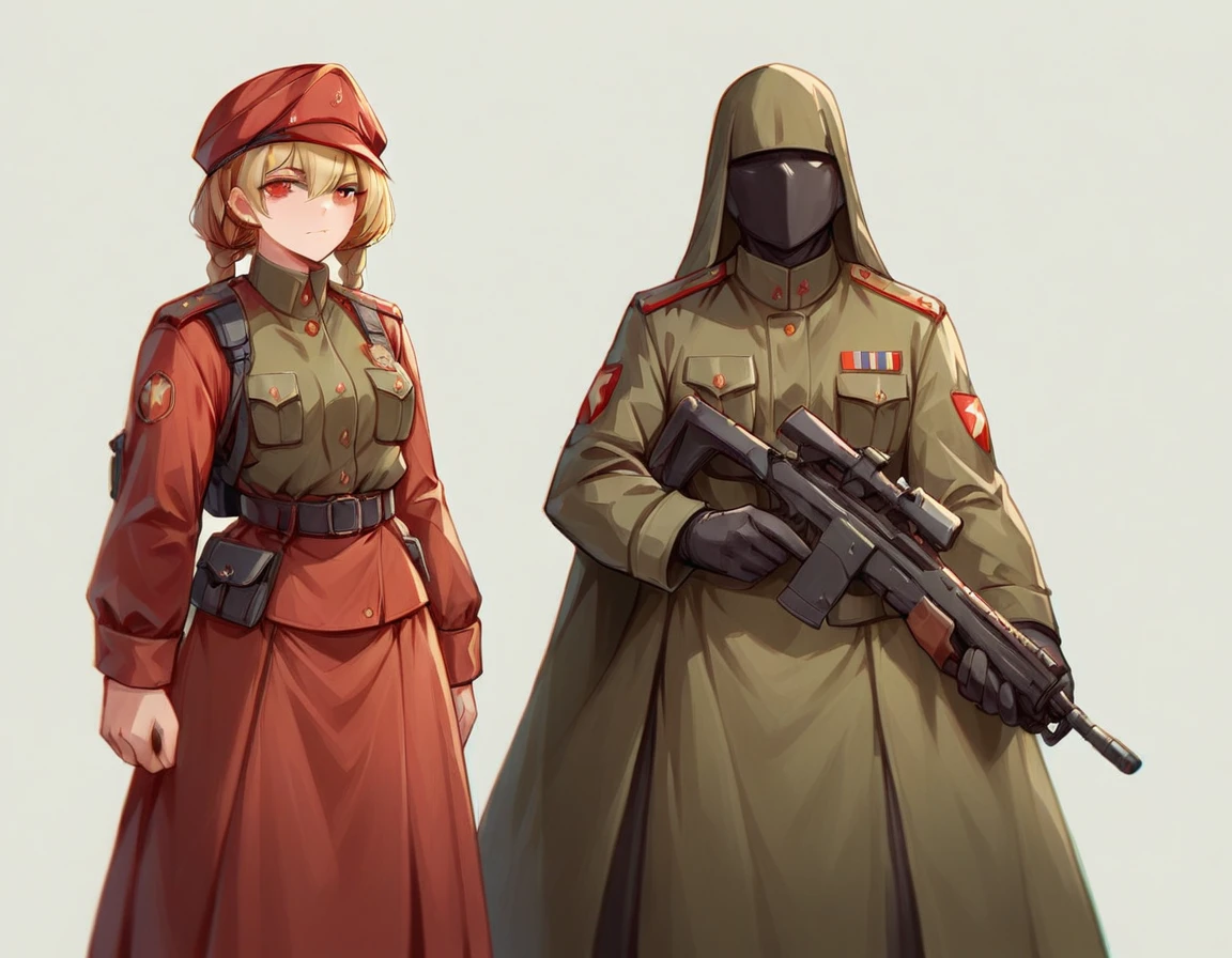 A platoon of girls wearing bright red military uniforms and long red skirts、A pair of platoon leaders and soldiers wearing red military uniforms and red long skirts and equipped with assault rifles
