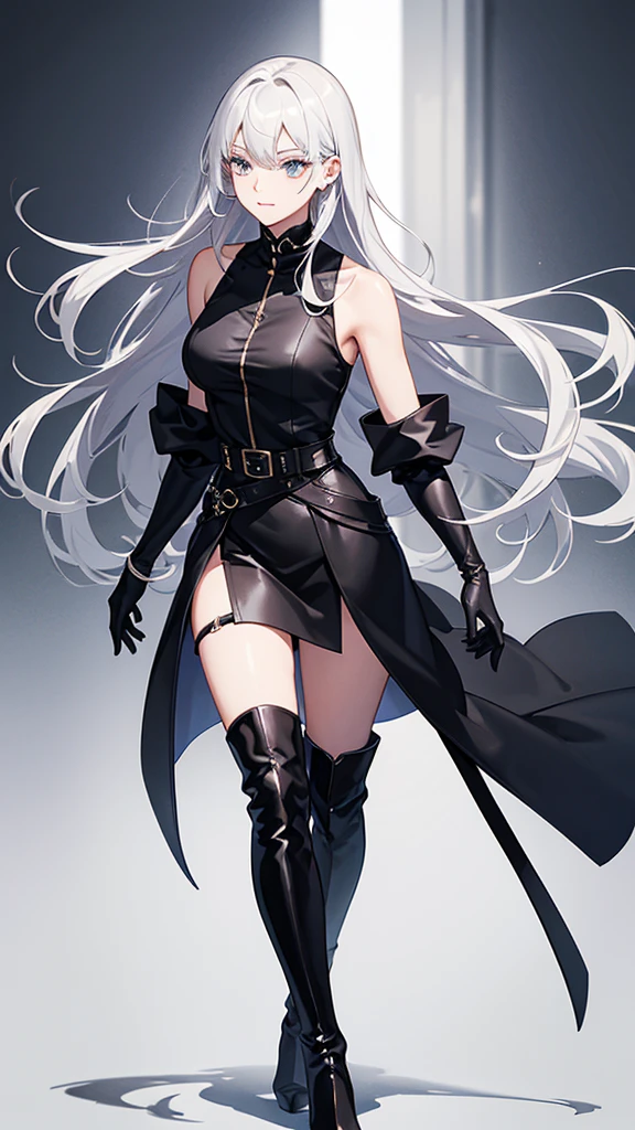 Royal sister,Wearing black stiletto-heeled over-the-knee boots:1.1,elegant movements,black leather belt,(black long gloves),(beautiful background:1.2),long white hair,profile,(Black short JK),leg rings,JK,blue pupils,belt buckle,contour,smiling expression,Black leg rings,sleeveless long shirt,take off shoulders,(Extremely detailed CG unified 8k wallpaper),(masterpiece), (best quality), (super detailed), (Best Illustration),(best shadow), ( eye shadow, exquisite eyes:1.1)