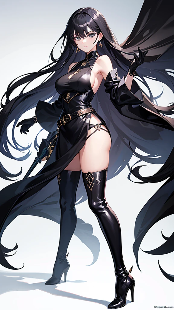 Royal sister,Wearing black stiletto-heeled over-the-knee boots:1.1,elegant movements,black leather belt,(black long gloves),(beautiful background:1.2),long white hair,profile,(Black short JK),leg rings,JK,blue pupils,belt buckle,contour,smiling expression,Black leg rings,sleeveless long shirt,take off shoulders,(Extremely detailed CG unified 8k wallpaper),(masterpiece), (best quality), (super detailed), (Best Illustration),(best shadow), ( eye shadow, exquisite eyes:1.1)