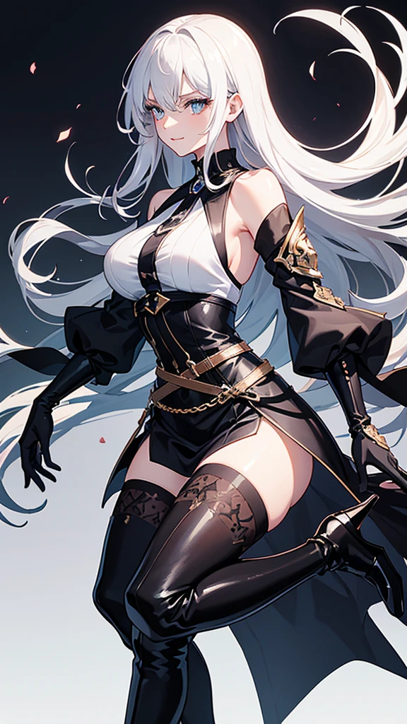 Royal sister，Wearing black stiletto-heeled over-the-knee boots:1.1，elegant movements，black leather belt，（black long gloves），（beautiful background:1.2），long white hair，profile，（Black short JK），leg rings，JK，blue pupils，belt buckle，contour，smiling expression，Black leg rings，sleeveless long shirt，take off shoulders，(Extremely detailed CG unified 8k wallpaper),(masterpiece), (best quality), (super detailed), (Best Illustration),(best shadow), ( eye shadow, exquisite eyes:1.1)