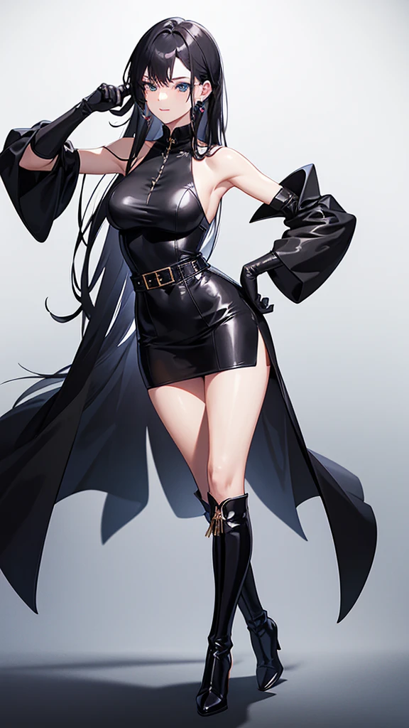 Royal sister，Wearing black stiletto-heeled over-the-knee boots:1.1，elegant movements，black leather belt，（black long gloves），（beautiful background:1.2），long white hair，profile，（Black short JK），leg rings，JK，blue pupils，belt buckle，contour，smiling expression，Black leg rings，sleeveless long shirt，take off shoulders，(Extremely detailed CG unified 8k wallpaper),(masterpiece), (best quality), (super detailed), (Best Illustration),(best shadow), ( eye shadow, exquisite eyes:1.1)