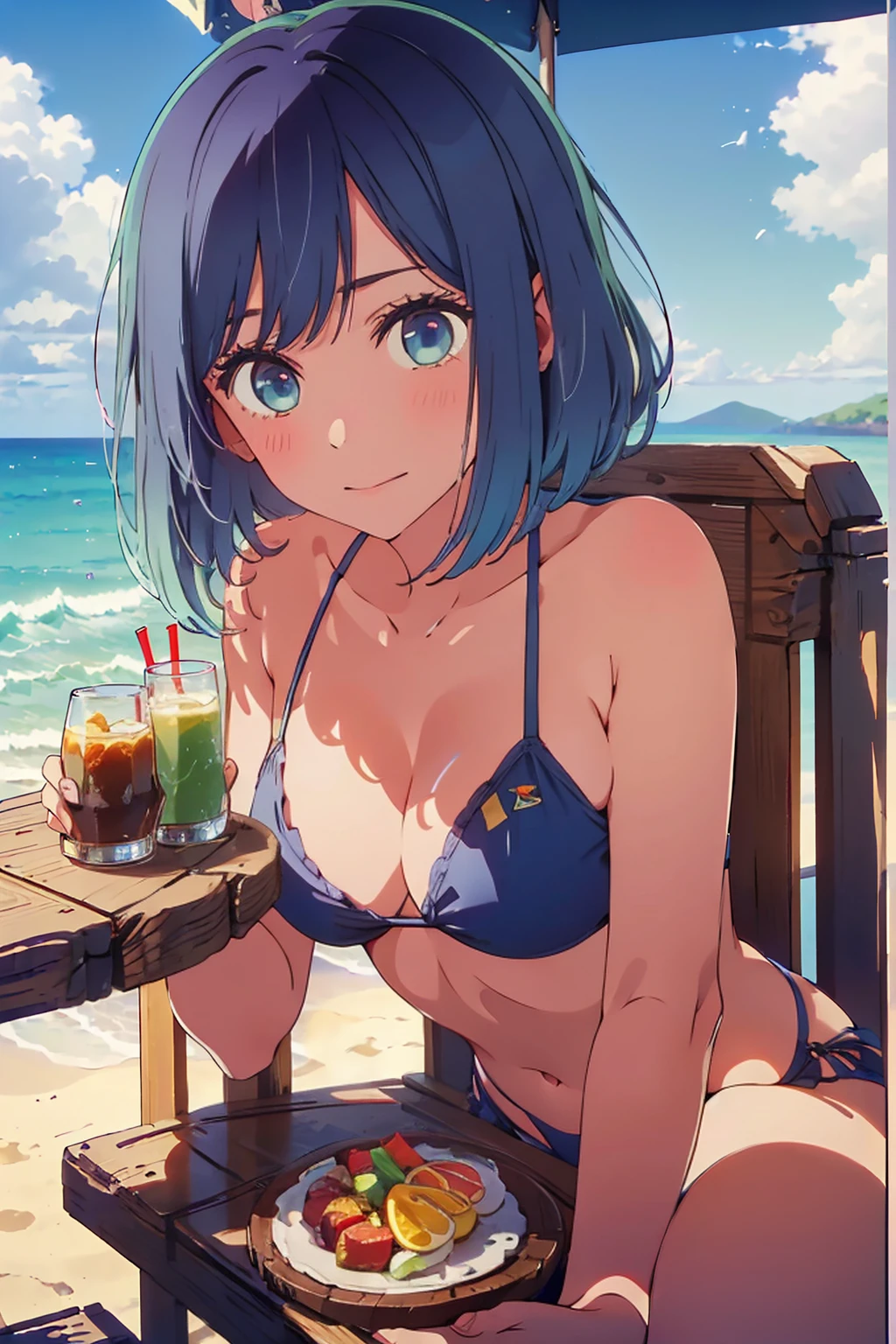 (Highest quality:1.4、masterpiece:1.4、Super detailed:1.4、8K:1.4)、F cup bust、Big Breasts、Slim body、((((1 person、sit、looking at the camera、Outdoor café terrace、coastal、Navy hair color、juice、table、Shooting from a distance、Sandy Beach、sunset、bikini、juiceのグラスを持つ、Very cute face))))、Big eyes、((((Shallow depth of field))))