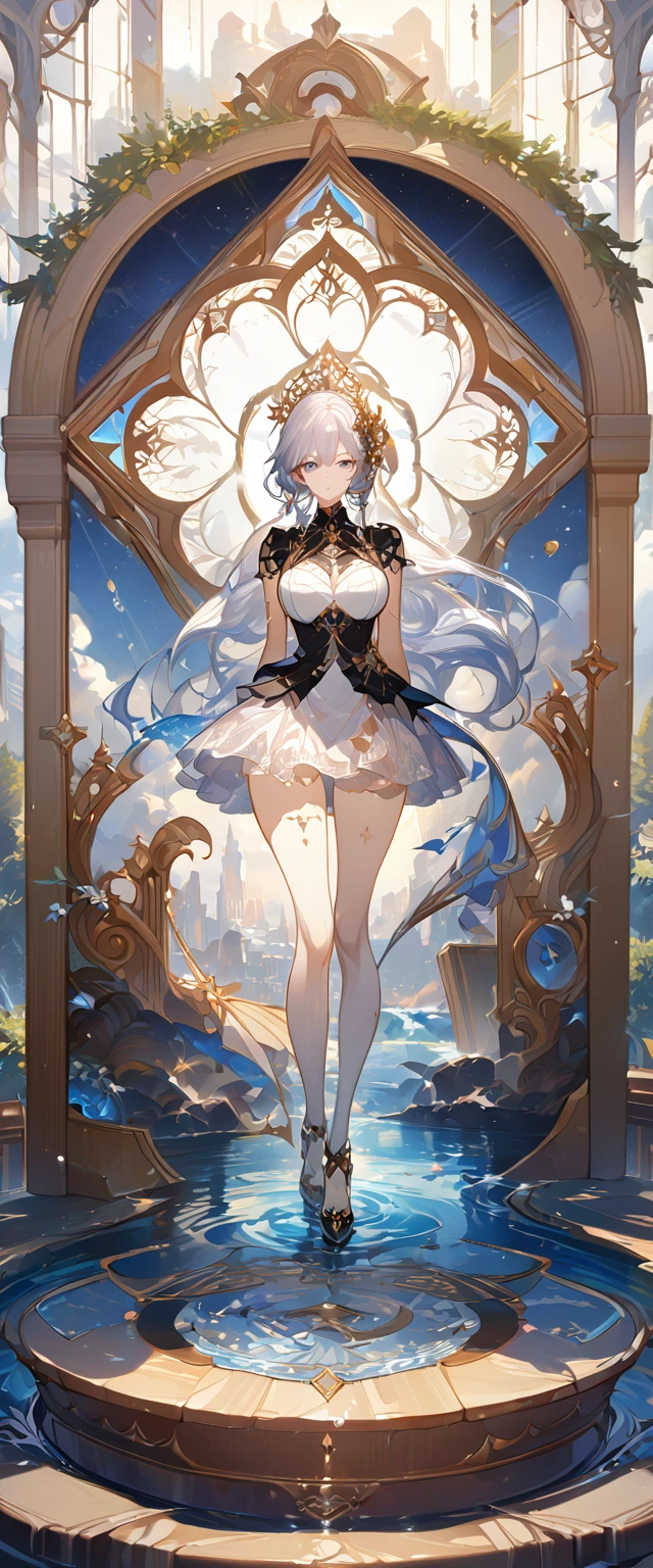 best quality ,masterpiece, illustration, an extremely delicate and beautiful, extremely detailed ,CG ,unity ,8k wallpaper, Amazing, finely detail, masterpiece, best quality, official art, extremely detailed CG unity 8k wallpaper, solo, thigh focus, (full body), arms behind back, white background, finely detailed face and eyes, extreme detail, detailed face, detailed hair, detailed clothes, high quality, slim body, big chest, water, masterpiece:1.3, focus:1.2, skirt, short skirt, transparent skirt, lace skirt, all kind of pose, big , hair ornament, meticulous clothes, inspired by Asukaziye artist : ask, art style : ask
