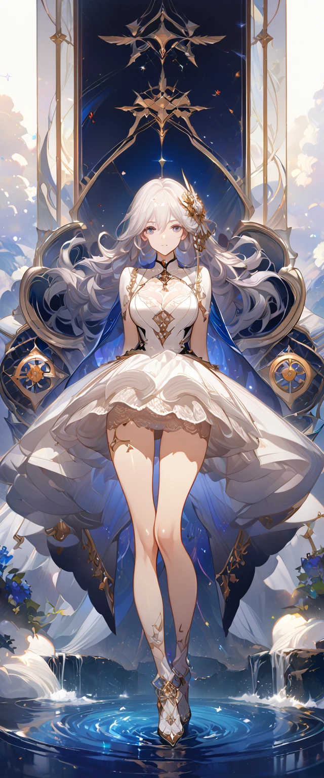 best quality ,masterpiece, illustration, an extremely delicate and beautiful, extremely detailed ,CG ,unity ,8k wallpaper, Amazing, finely detail, masterpiece, best quality, official art, extremely detailed CG unity 8k wallpaper, solo, thigh focus, (full body), arms behind back, white background, finely detailed face and eyes, extreme detail, detailed face, detailed hair, detailed clothes, high quality, slim body, big chest, water, masterpiece:1.3, focus:1.2, skirt, short skirt, transparent skirt, lace skirt, all kind of pose, big , hair ornament, meticulous clothes, inspired by Asukaziye artist : ask, art style : ask