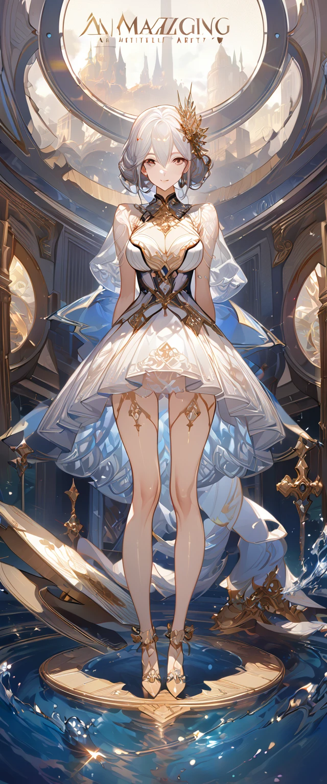 best quality ,masterpiece, illustration, an extremely delicate and beautiful, extremely detailed ,CG ,unity ,8k wallpaper, Amazing, finely detail, masterpiece, best quality, official art, extremely detailed CG unity 8k wallpaper, solo, thigh focus, (full body), arms behind back, white background, finely detailed face and eyes, extreme detail, detailed face, detailed hair, detailed clothes, high quality, slim body, big chest, water, masterpiece:1.3, focus:1.2, skirt, short skirt, transparent skirt, lace skirt, all kind of pose, big , hair ornament, meticulous clothes, inspired by Asukaziye artist : ask, art style : ask