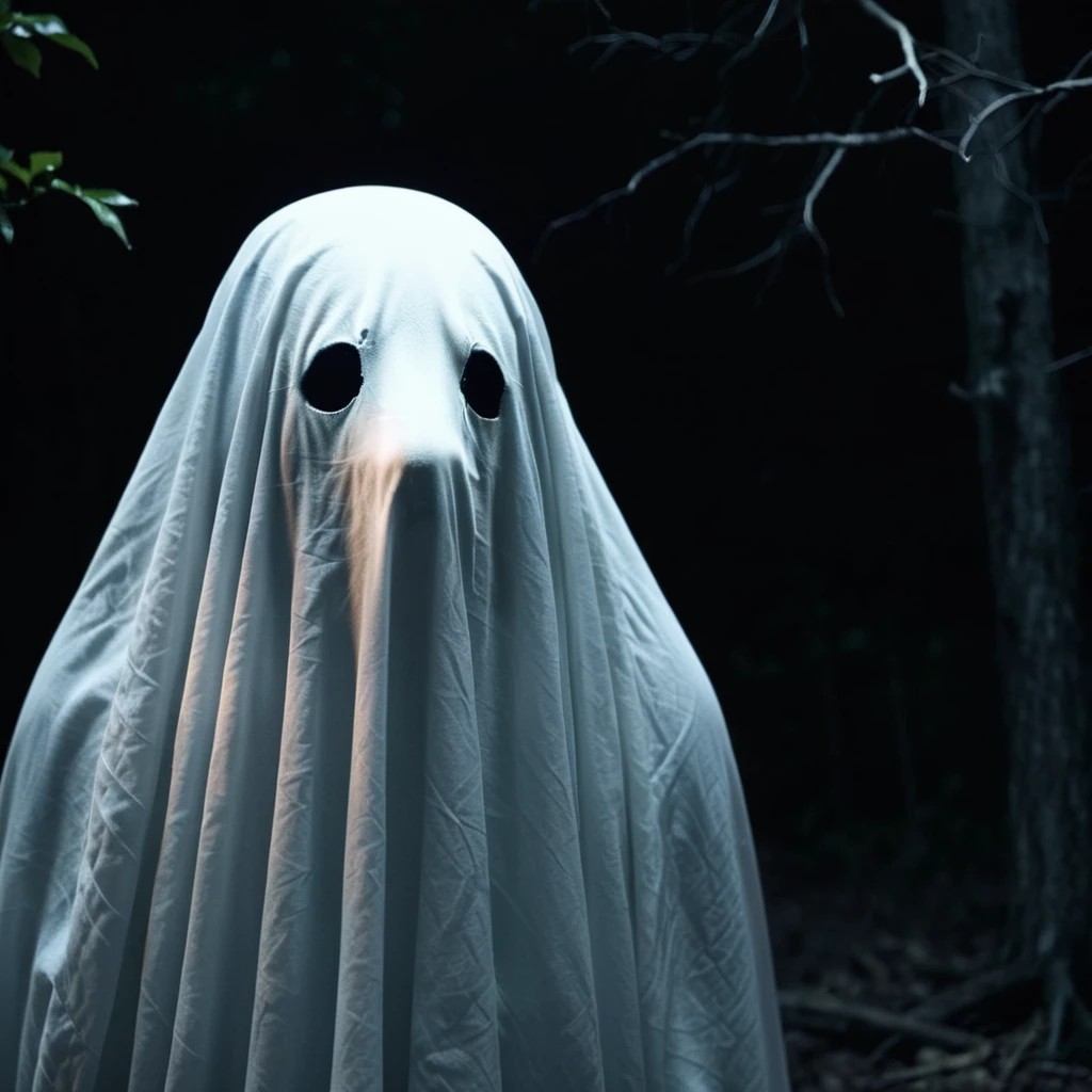 กลางแม่น้ำ very dark focused flash photo of dog sheetghost person at night in the wood black background