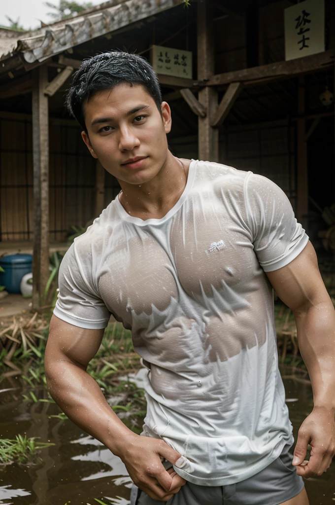独奏 , 1 person , Portrait of a handsome Asian rugby player, short hair, no beard, muscular, big muscles, wearing a gray round neck t-shirt, wet, outdoors, rice field, countryside, hut, Thailand, Laos, Burma, Asia.
