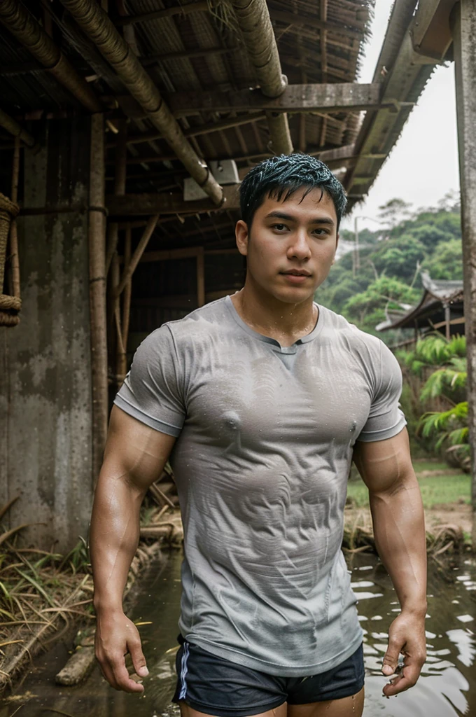 独奏 , 1 person , Portrait of a handsome Asian rugby player, short hair, no beard, muscular, big muscles, wearing a gray round neck t-shirt, wet, outdoors, rice field, countryside, hut, Thailand, Laos, Burma, Asia.