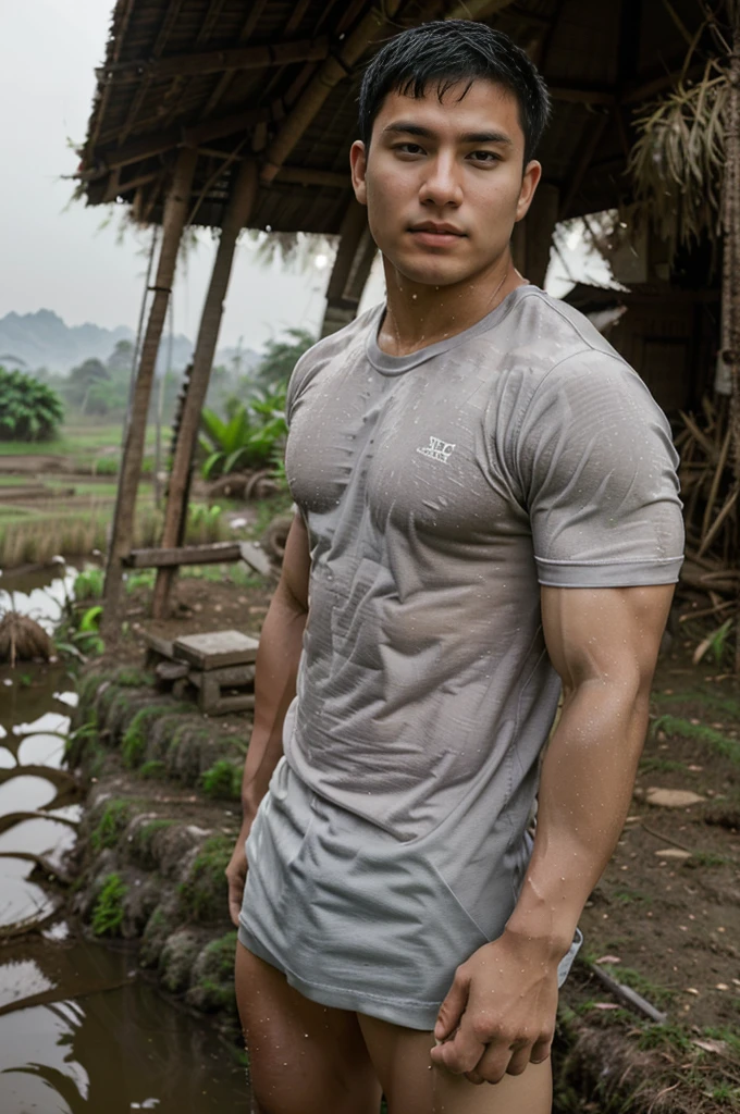 独奏 , 1 person , Portrait of a handsome Asian rugby player, short hair, no beard, muscular, big muscles, wearing a gray round neck t-shirt, wet, outdoors, rice field, countryside, hut, Thailand, Laos, Burma, Asia.