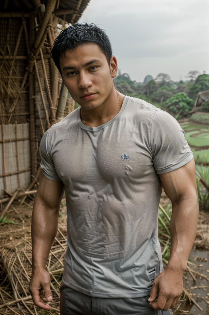 独奏 , 1 person , Portrait of a handsome Asian rugby player, short hair, no beard, muscular, big muscles, wearing a gray round neck t-shirt, wet, outdoors, rice field, countryside, hut, Thailand, Laos, Burma, Asia.