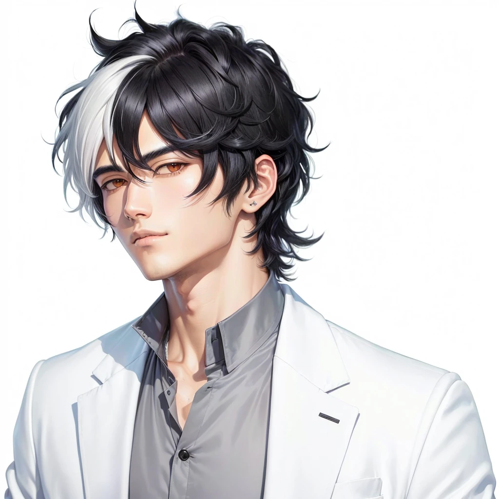 A painting of a man with black hair wearing a white jacket, inspired by Okumura Togyu, Gray hair black hair, He has dark grey hair, Kentaro Miura art style, Kentaro Miura Manga Style, Kentaro Miura&#39;s Manga Art Style, Male Anime Characters, Anime Handsome Man, Young Anime Guy