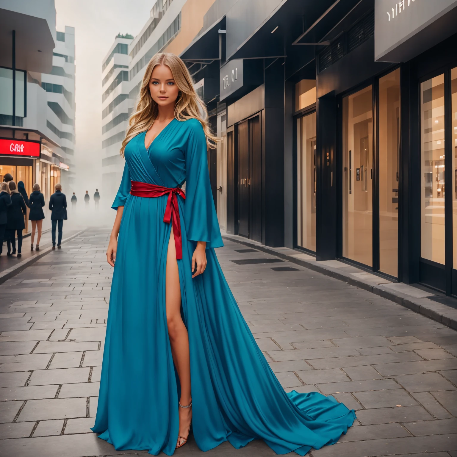 professional portrait photograph of a gorgeous 18 year,Norwegian girl Lise Olsen in arab with long wavy blonde hair,blue eye,happy,sultry flirty look, gorgeous symmetrical face, cute natural makeup, ((wearing red slit gown)), ((standing )), stunning modern urban environment, ultra realistic, concept art, elegant, highly detailed, intricate, sharp focus, depth of field, f/1. 8, 85mm, medium shot, mid shot, (((professionally color graded))), bright soft diffused light, (volumetric fog), trending on instagram, hdr 4k, 8k