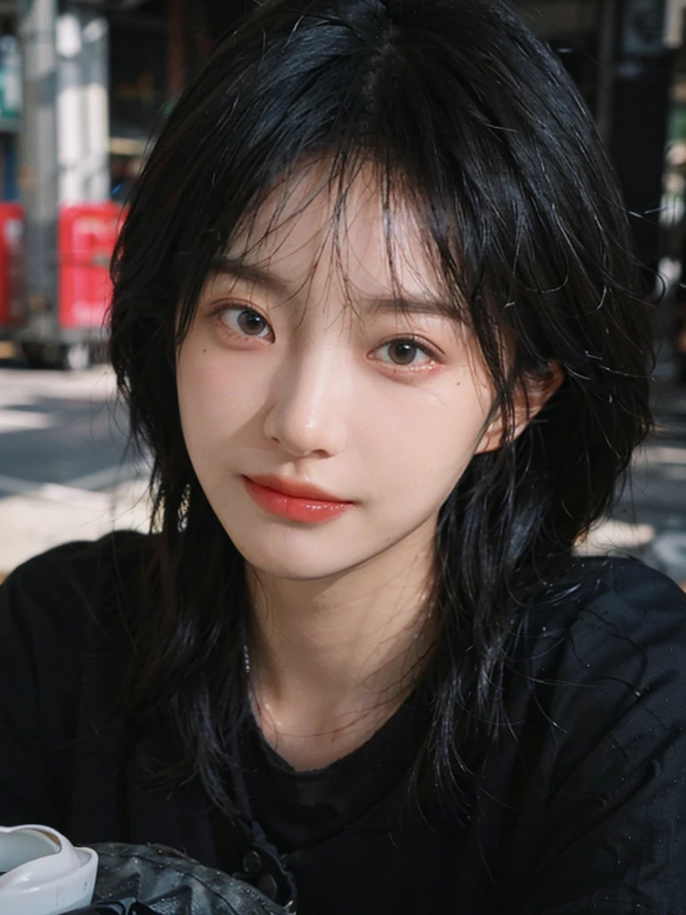 (Skin details:1.4), (smooth skin textures:1.3), (Upper Body:1.4),(Upper Body:1.3),(Black clothes:1.4),Lipstick, background, earrings, serene, calm, (Realistic and detailed eyes:1.2), Natural skin texture, Realistic facial details, Soft dramatic lighting, Vivid details, 35 mm film, outdoor, (Photo Practical:1.4), (hyper Practical:1.4), (Practical:1.3), (Smoother lighting:1.05), (Improve lighting quality:0.9), (Highest quality real skin textures:1.4), Exquisite eyes, Delicate face, Close-up of face, (Enhance the beauty of skin texture:1.1),0Normal body proportions, short hair, Moles under the eyes, A faint smile,Portrait Photography, Depth of Field, Bokeh, Surrealism, Ray Tracing, (Portrait Photography:1.1), Surrealism, High Detail, Chiaroscuro, Ray Tracing, reflected light, Ultra HD, Ultra HD, masterpiece, Textured Skin, Super Detail, High Detail, high quality, best quality