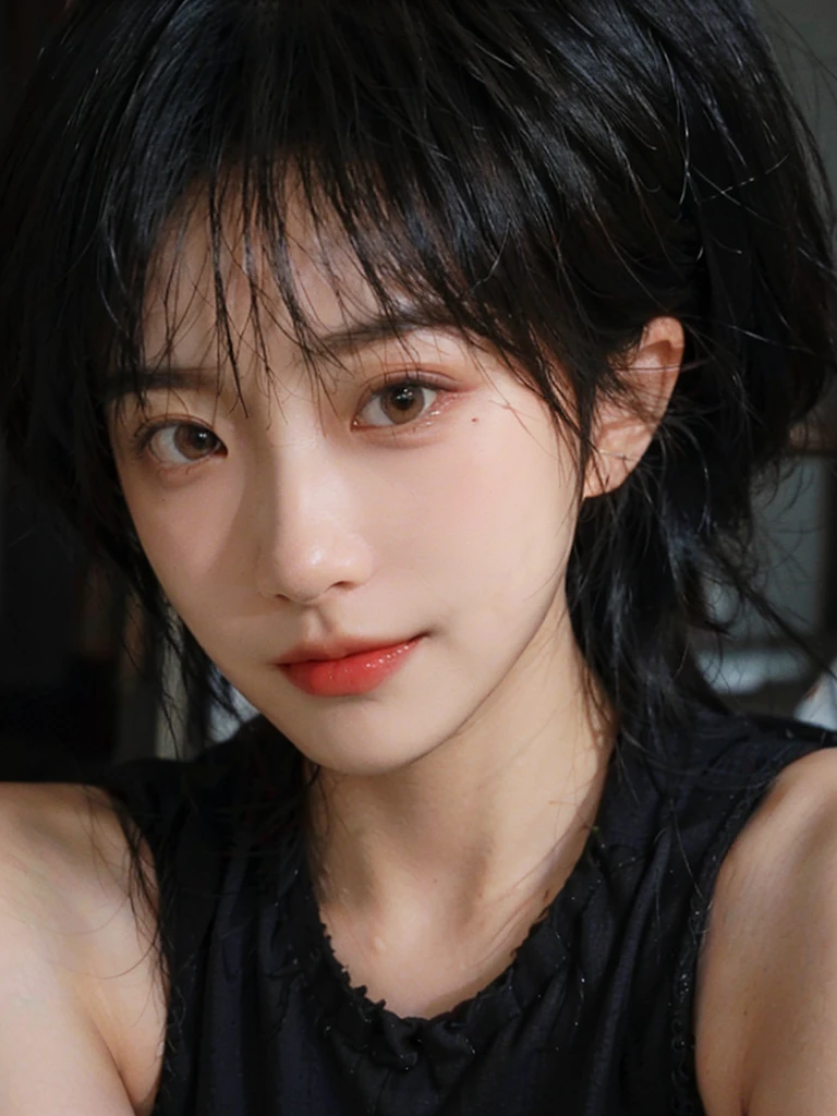 (Skin details:1.4), (smooth skin textures:1.3), (Upper Body:1.4),(Upper Body:1.3),(Black clothes:1.4),Lipstick, background, earrings, serene, calm, (Realistic and detailed eyes:1.2), Natural skin texture, Realistic facial details, Soft dramatic lighting, Vivid details, 35 mm film, outdoor, (Photo Practical:1.4), (hyper Practical:1.4), (Practical:1.3), (Smoother lighting:1.05), (Improve lighting quality:0.9), (Highest quality real skin textures:1.4), Exquisite eyes, Delicate face, Close-up of face, (Enhance the beauty of skin texture:1.1),0Normal body proportions, short hair, Moles under the eyes, A faint smile,Portrait Photography, Depth of Field, Bokeh, Surrealism, Ray Tracing, (Portrait Photography:1.1), Surrealism, High Detail, Chiaroscuro, Ray Tracing, reflected light, Ultra HD, Ultra HD, masterpiece, Textured Skin, Super Detail, High Detail, high quality, best quality