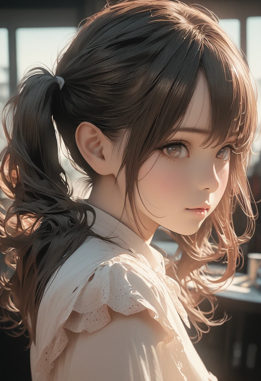 Girl，Double ponytails，close up，Bow，Photo effects，Graininess，8K，Hyperrealism，Ultra-clear，masterpiece，