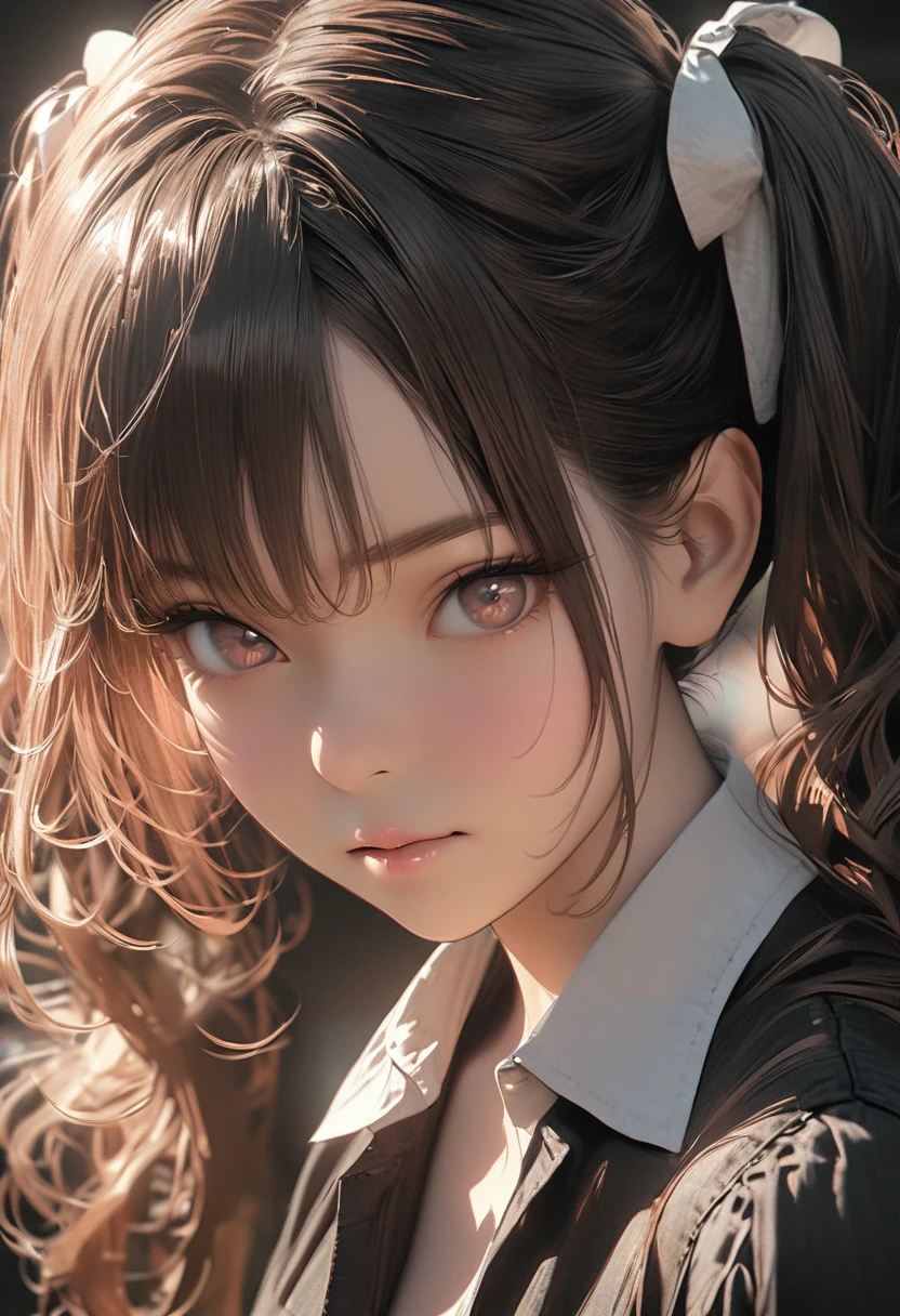 Girl，Double ponytails，close up，Bow，Photo effects，Graininess，8K，Hyperrealism，Ultra-clear，masterpiece，